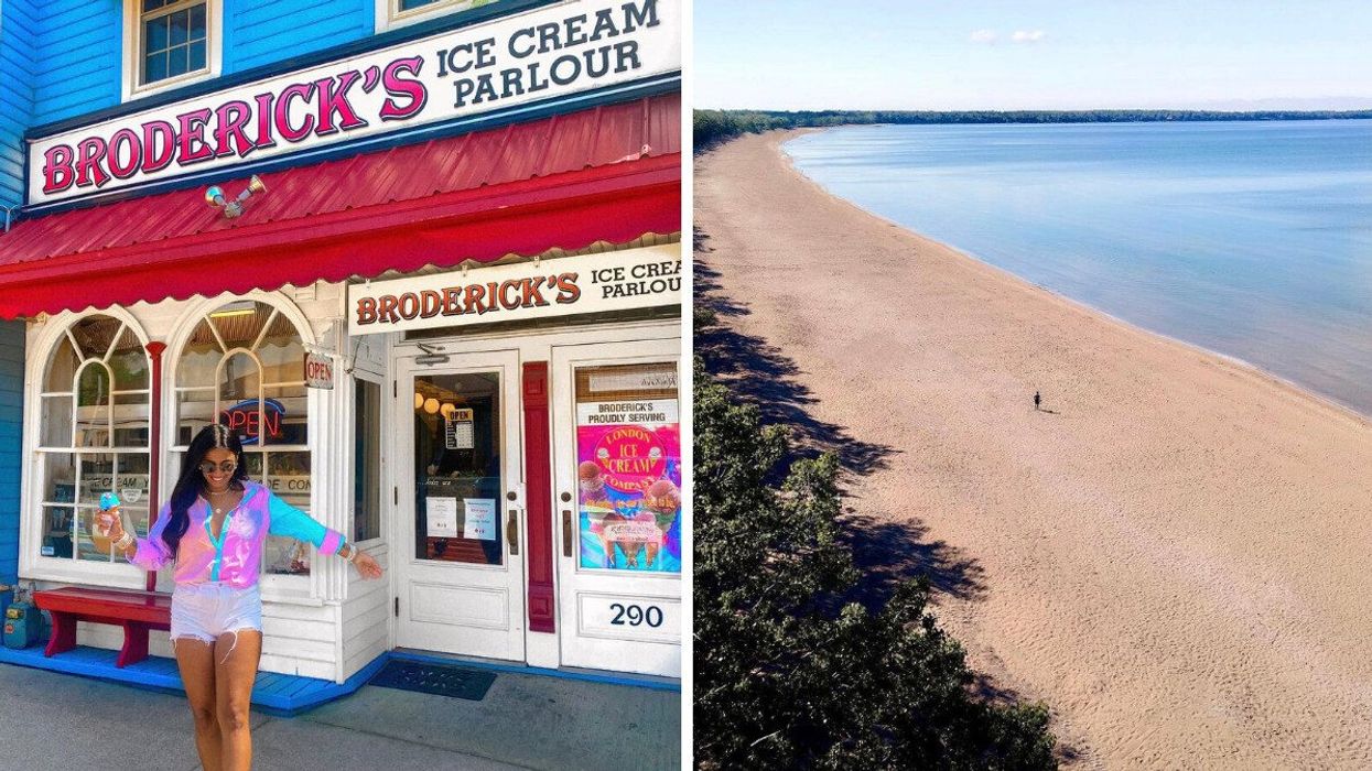 A person standing in front of an ice cream shop. Right: A person standing on a sandy beach.