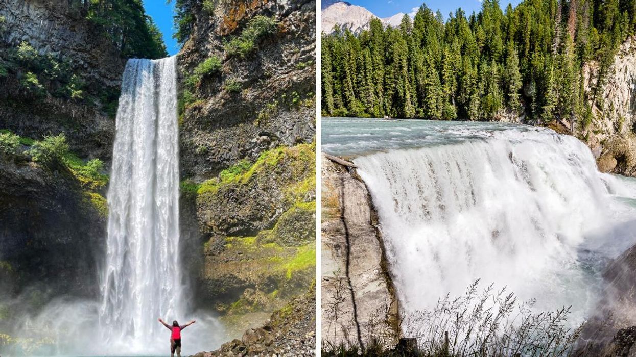 A person standing in front of Brandywine Falls. Right: Wapta Falls.