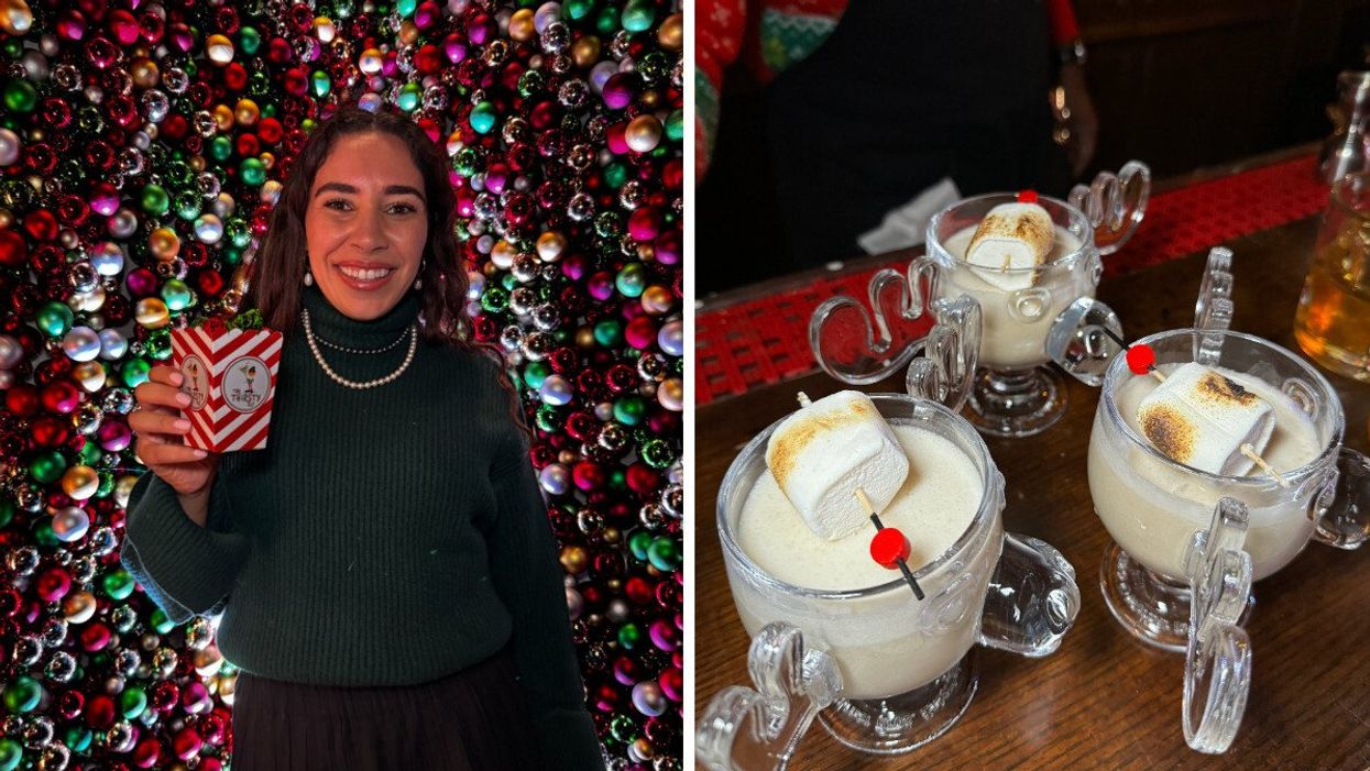 A person standing in front of hundreds of ornaments with Christmas-themed popcorn in her hand. Right: Three drinks with toasted marshmallows on top in reindeer mugs.