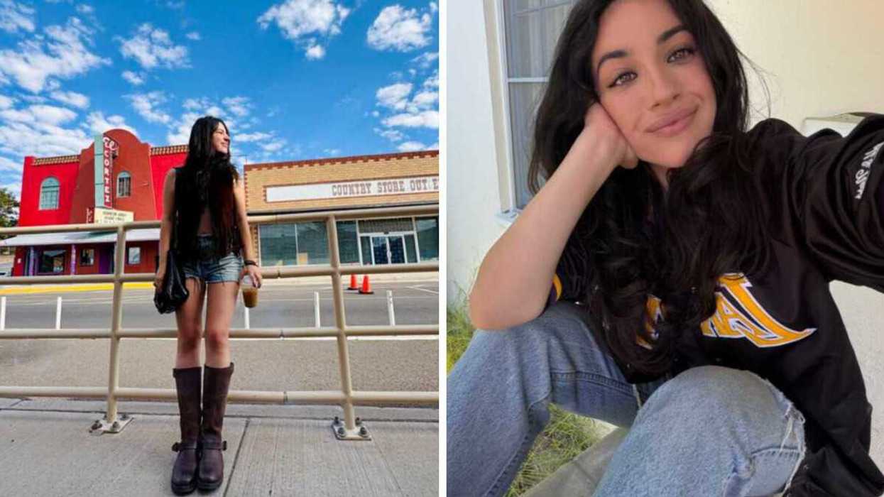A person standing in front of storefronts. Right: A person taking a selfie.
