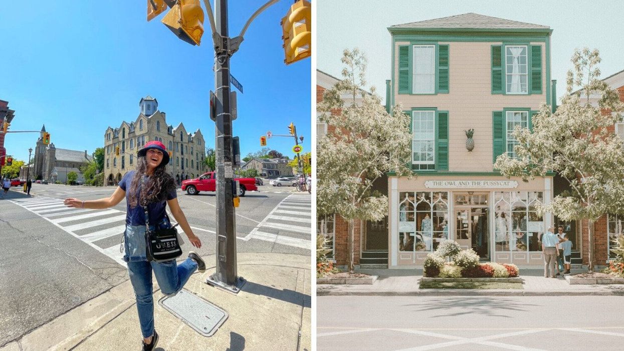 A person standing in Paris, Ontario. Right: Niagara-on-the-Lake, Ontario.