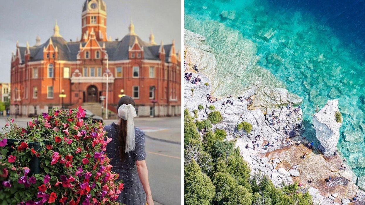 A person standing in Stratford, Ontario. Right: Flowerpot Island, Ontario.