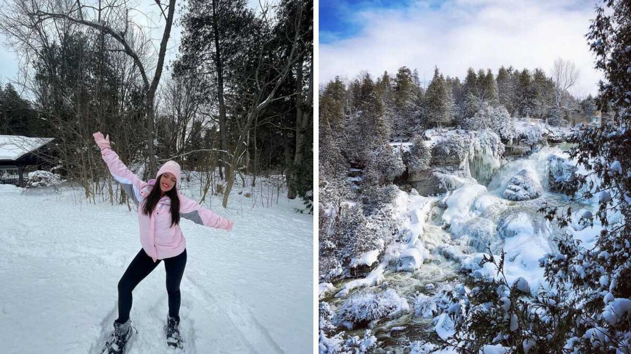 A person standing in the snow. Right: A frozen waterfall.