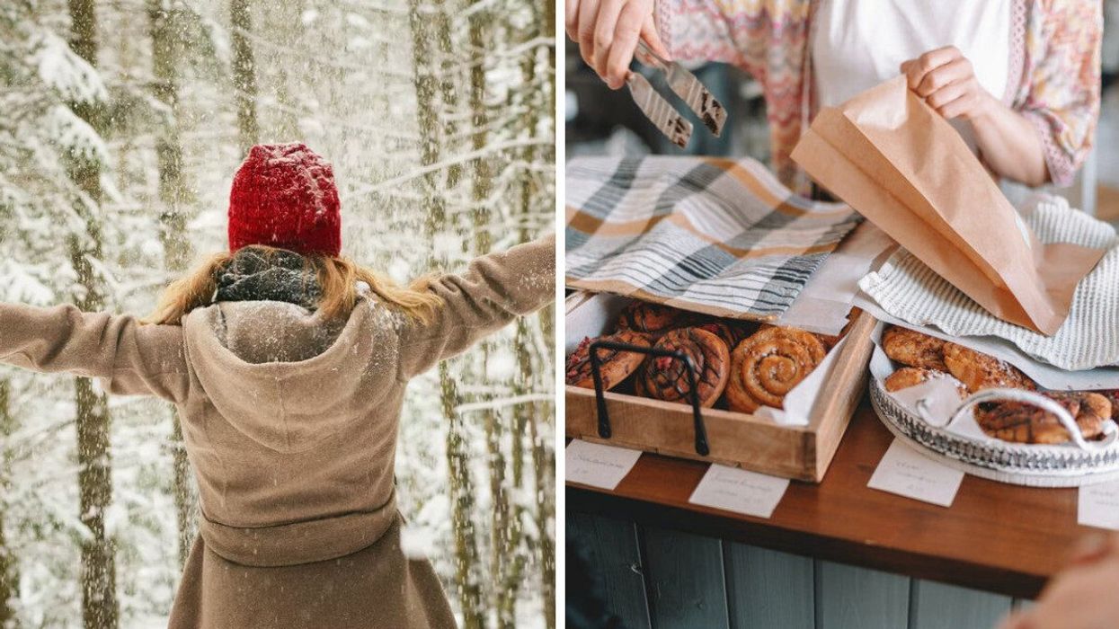 A person standing in the snow. Right: Baked goods at a bakery.