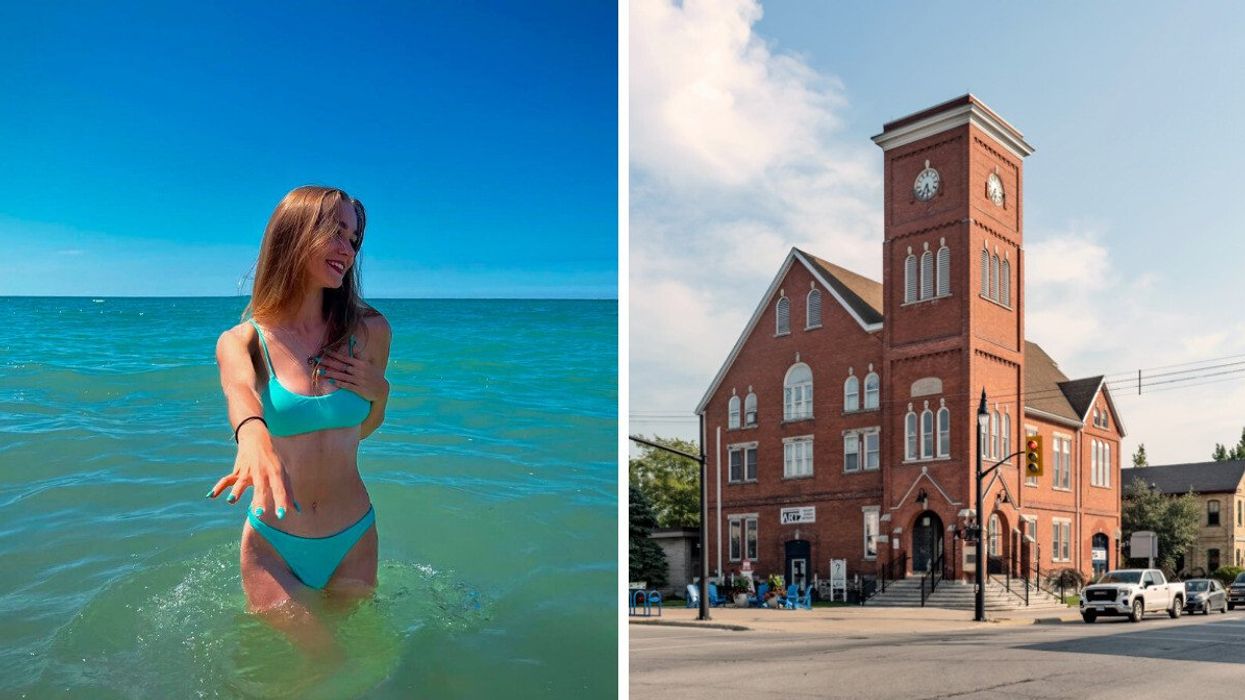 A person standing in the water. Right: A historic building.