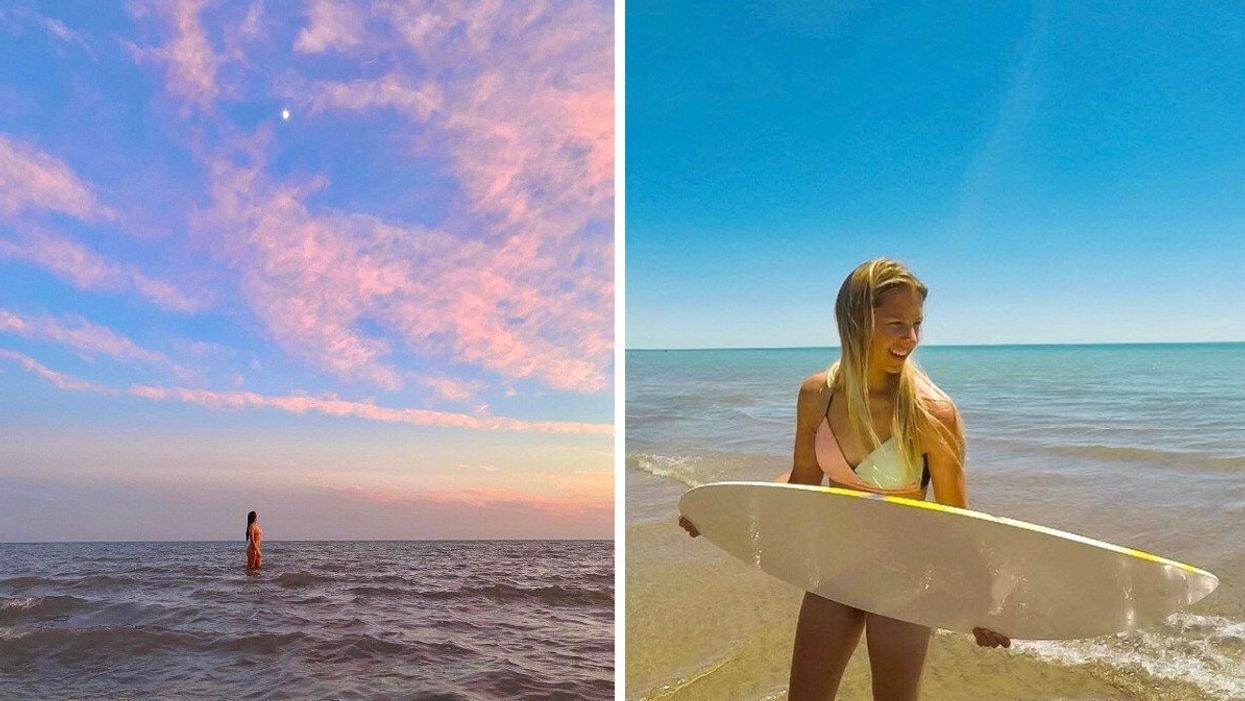 A person standing in the water. Right: A person holding a surf board on a beach.