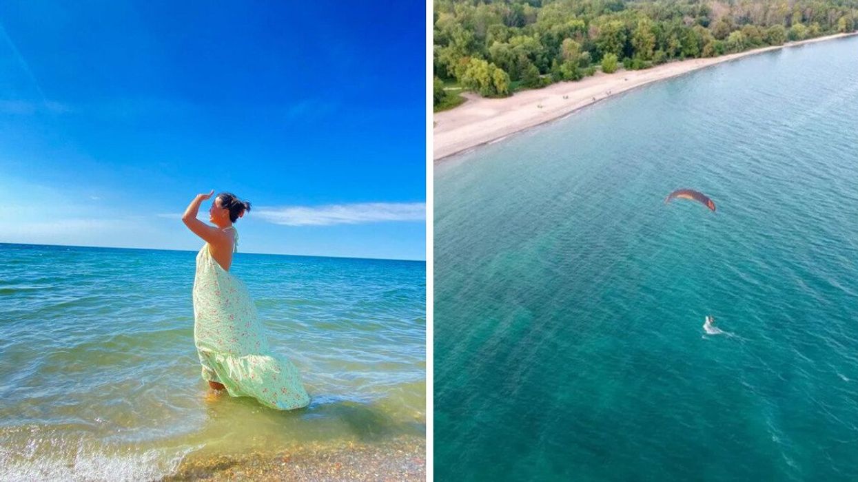 A person standing in the water. Right: An aerial view of a beach.
