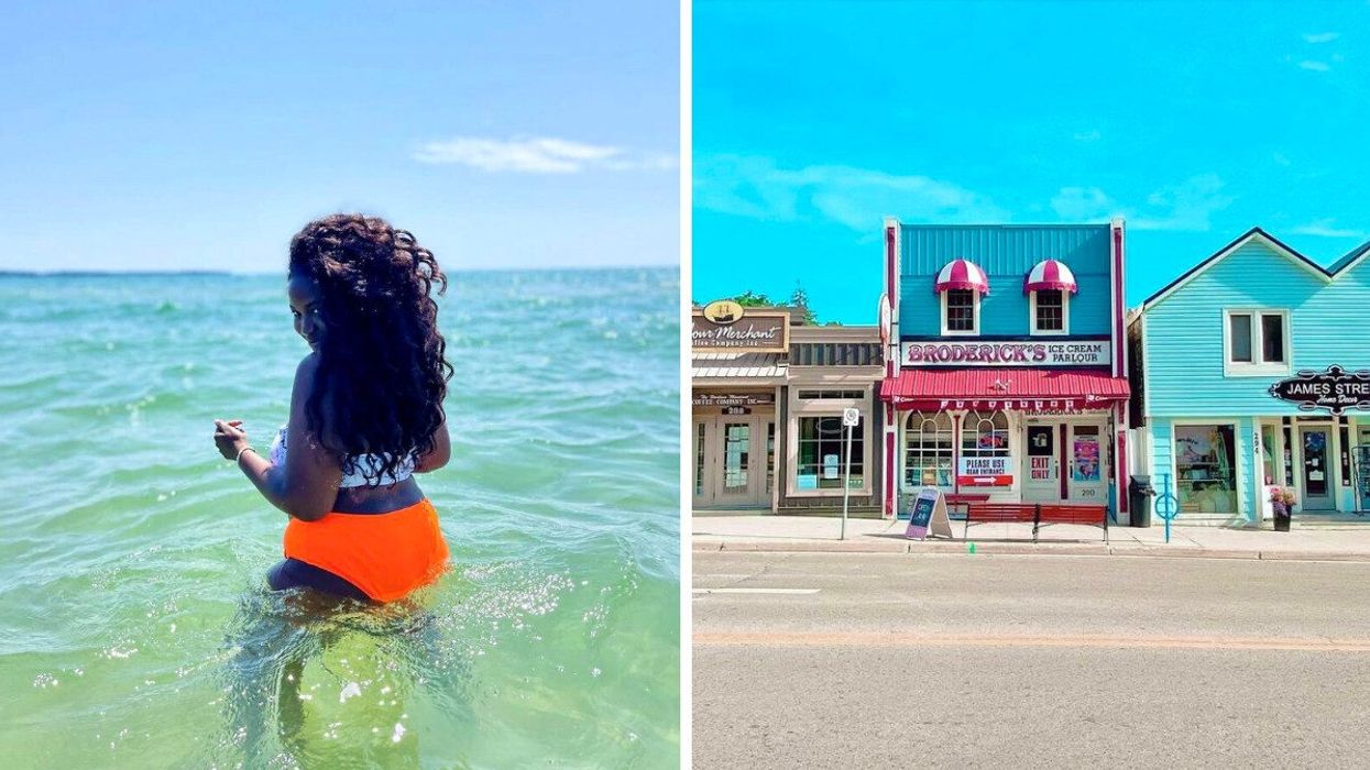 A person standing in the water. Right: Quaint buildings along a street.