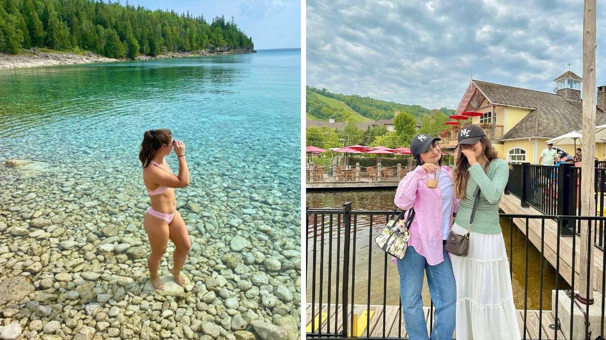 A person standing in the water. Right: Two people standing on a boardwalk.