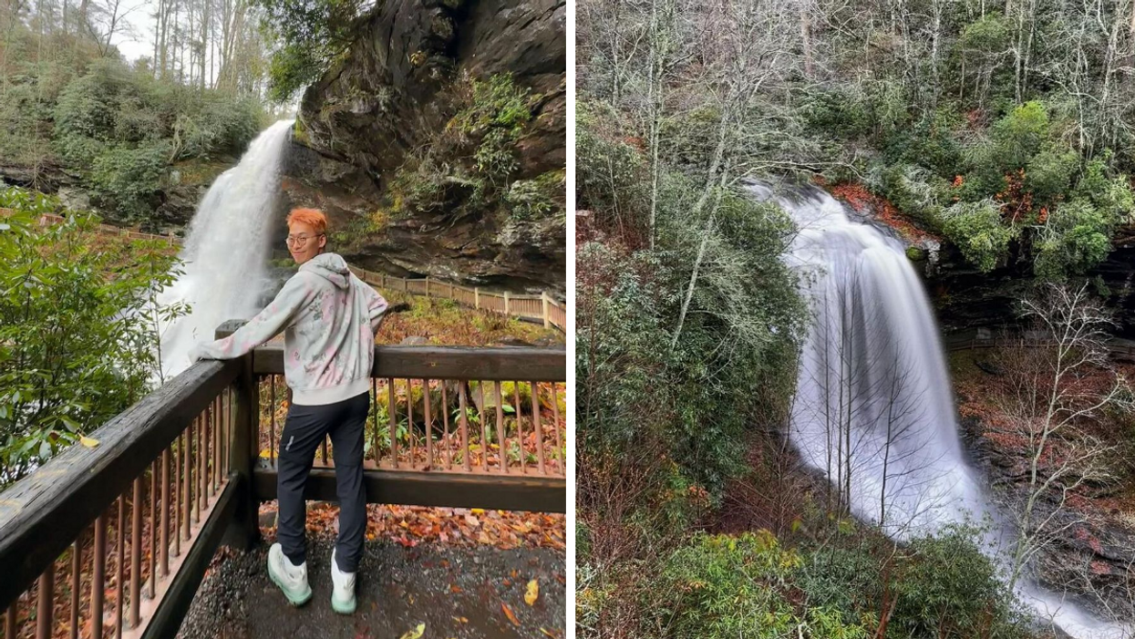 A person standing near the Dry Falls. Right: Dry Falls waterfall.