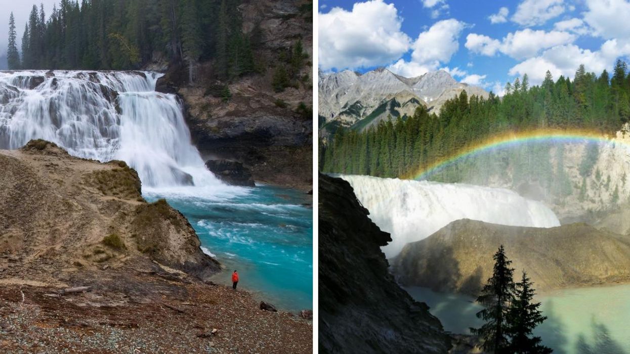 A person standing near the water. Right: The waterfall and a rainbow.