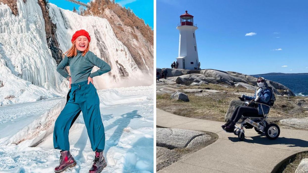 A person standing next on a frozen lake. Right: A person in a wheelchair beside Peggy's Cove Lighthouse.