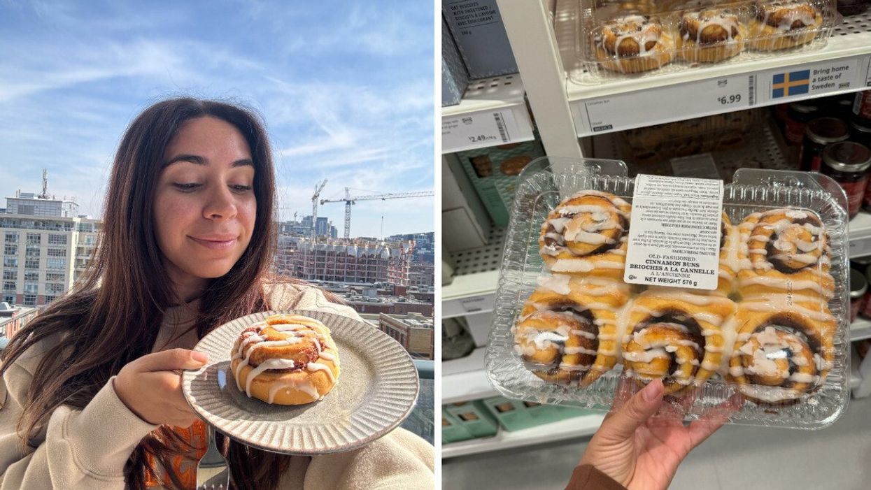 A person standing on a balcony holding a plate with a cinnamon roll on a plate. Right: A person holding a box of 6 cinnamon rolls from IKEA.
