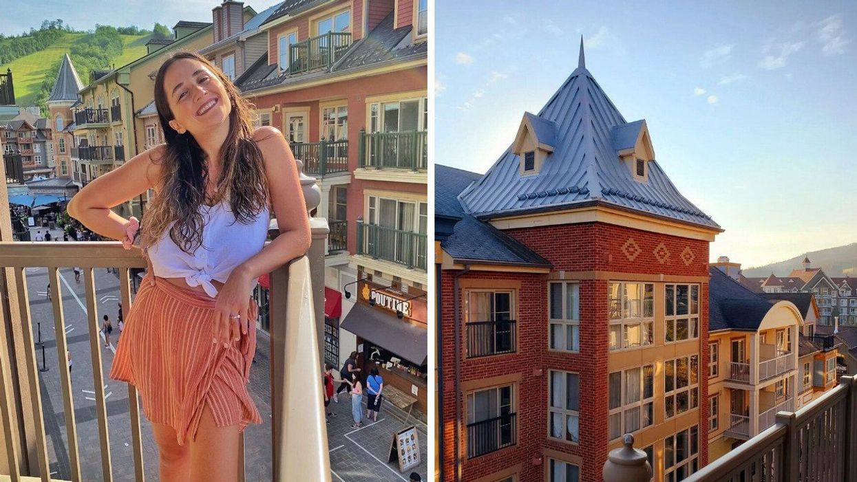 A person standing on a balcony. Right: The top of a building.
