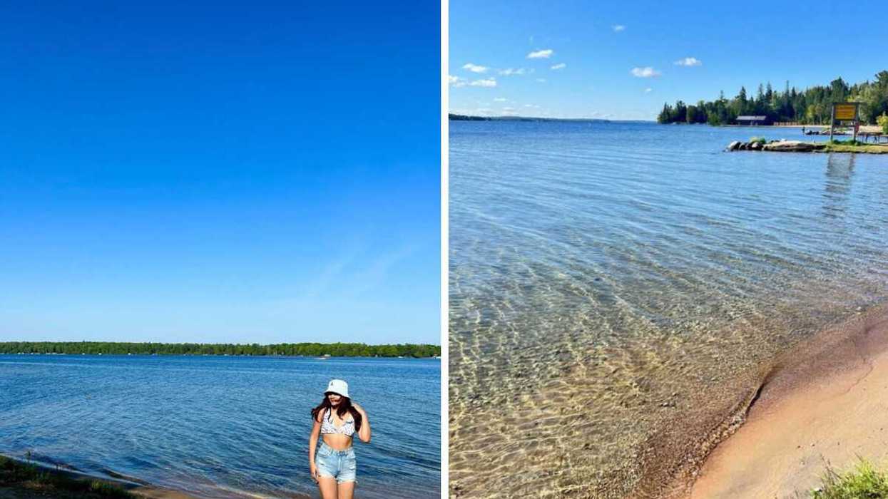 A person standing on a beach. Right: A beach with clear water.