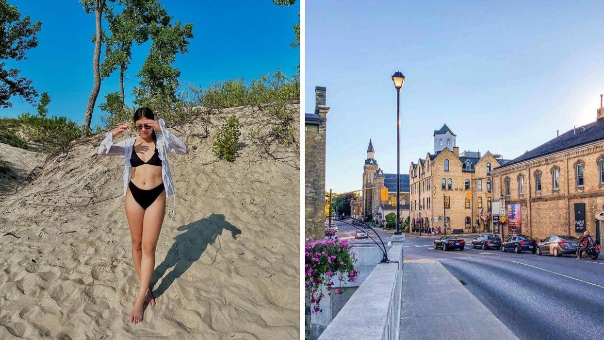 A person standing on a beach. Right: A historic street.