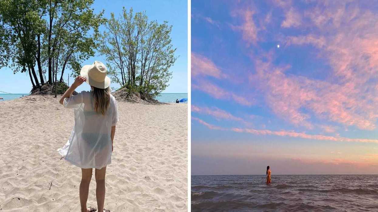 A person standing on a beach. Right: A person in a lake.