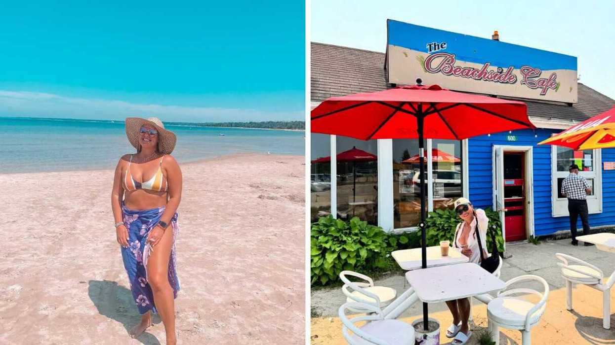 A person standing on a beach. Right: A person sitting on a cafe patio.