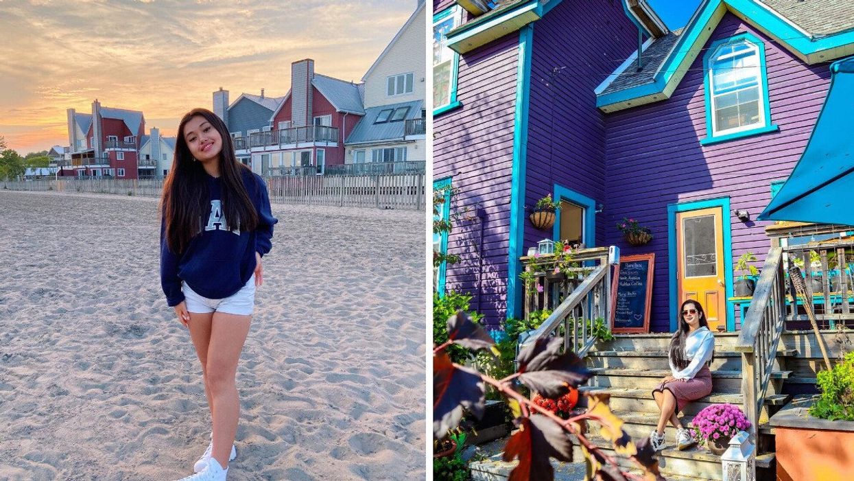 A person standing on a beach. Right: A person sitting on the steps of a purple house.
