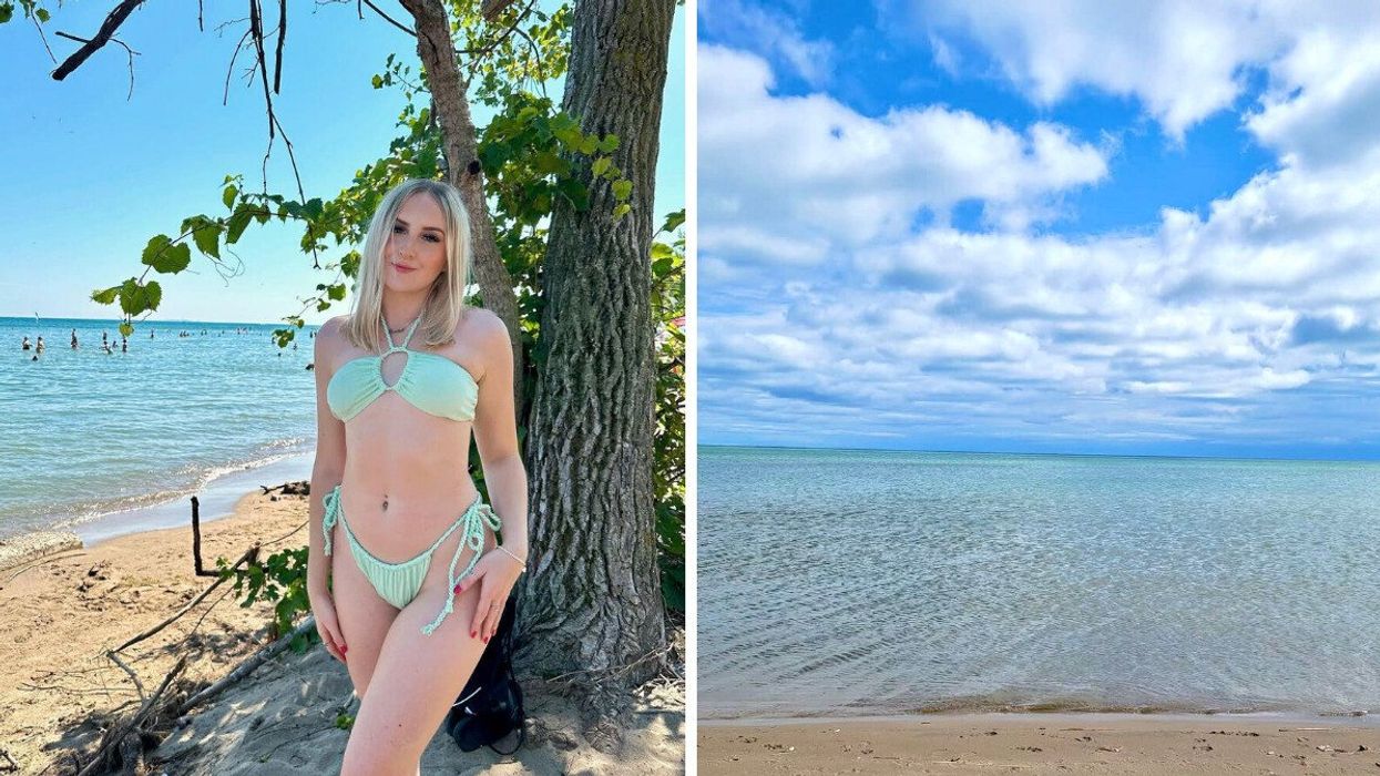 A person standing on a beach. Right: A sandy beach.