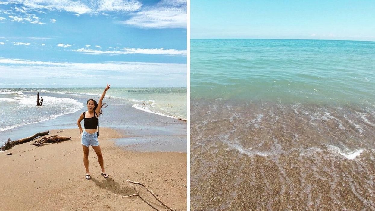 A person standing on a beach. Right: A turquoise water beach.