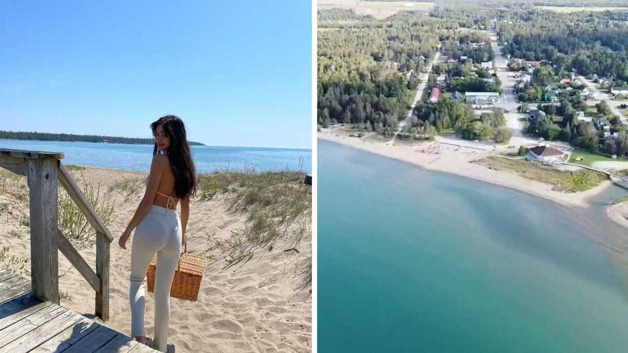 A person standing on a beach. Right: An aerial view of a beach.