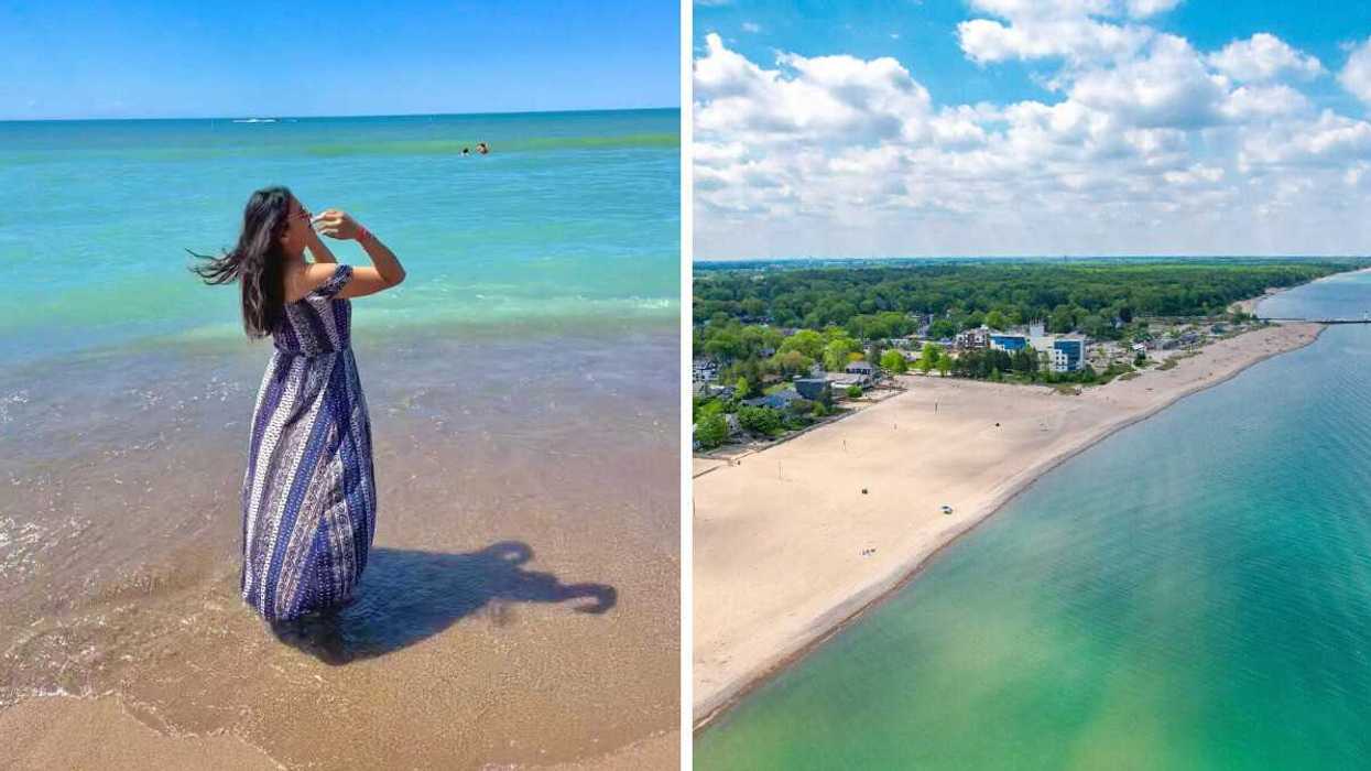 A person standing on a beach. Right: An aerial view of a beach.