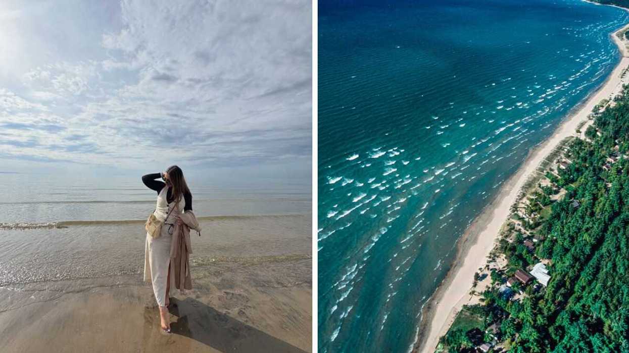 A person standing on a beach. Right: An aerial view of a beach.
