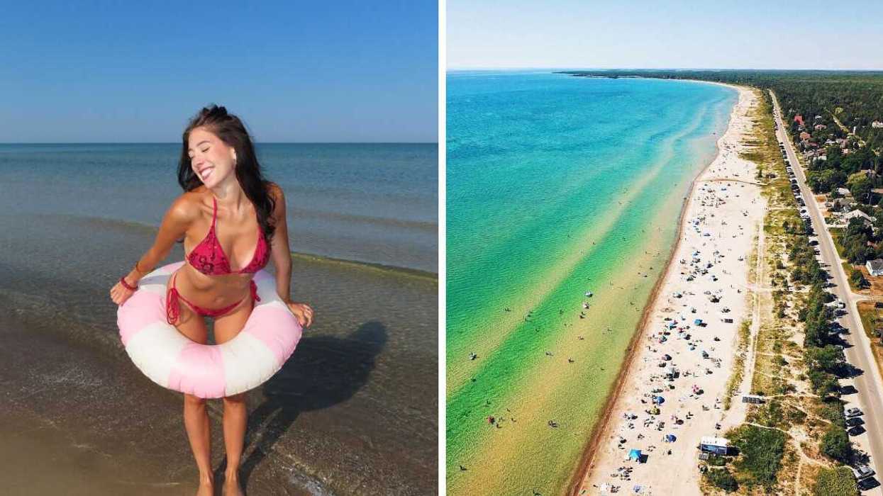 A person standing on a beach. Right: An aerial view of a beach.