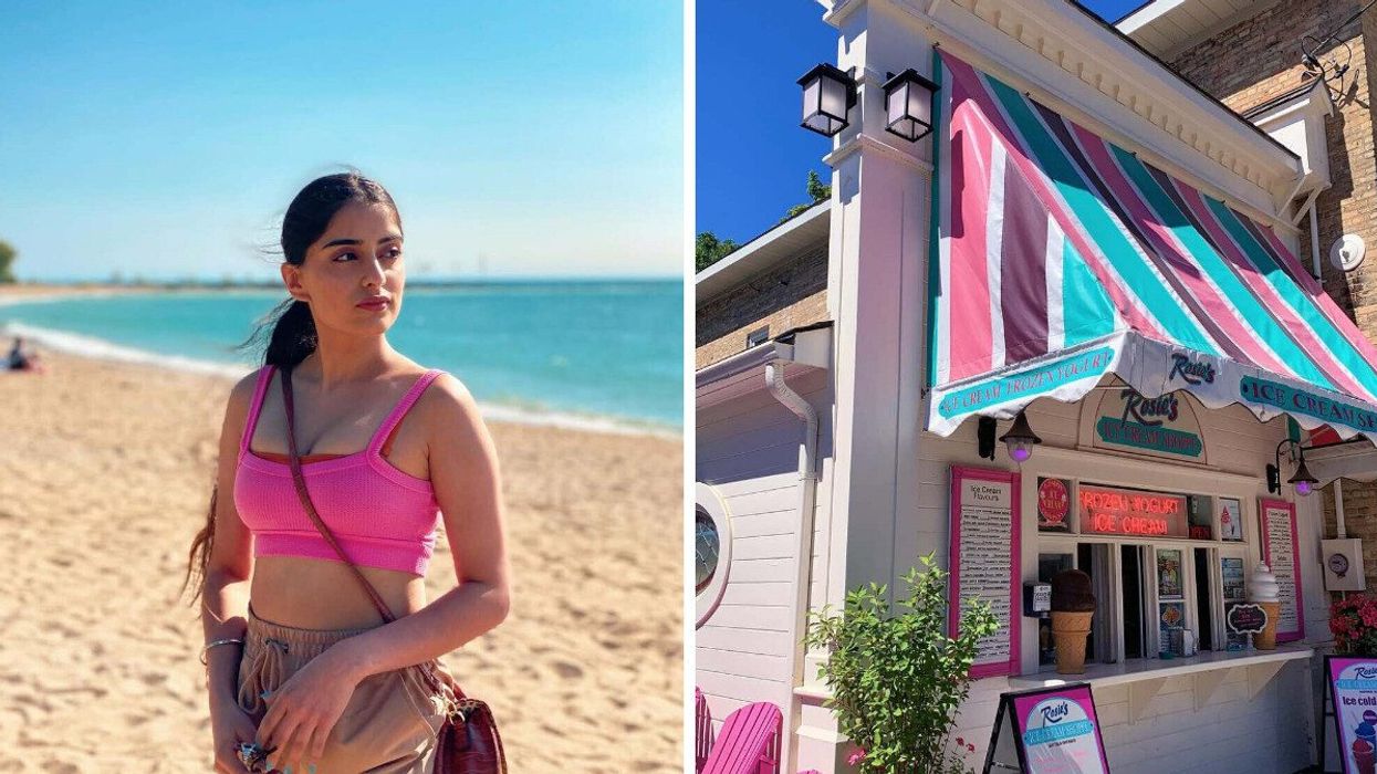 A person standing on a beach. Right: An ice cream shop.