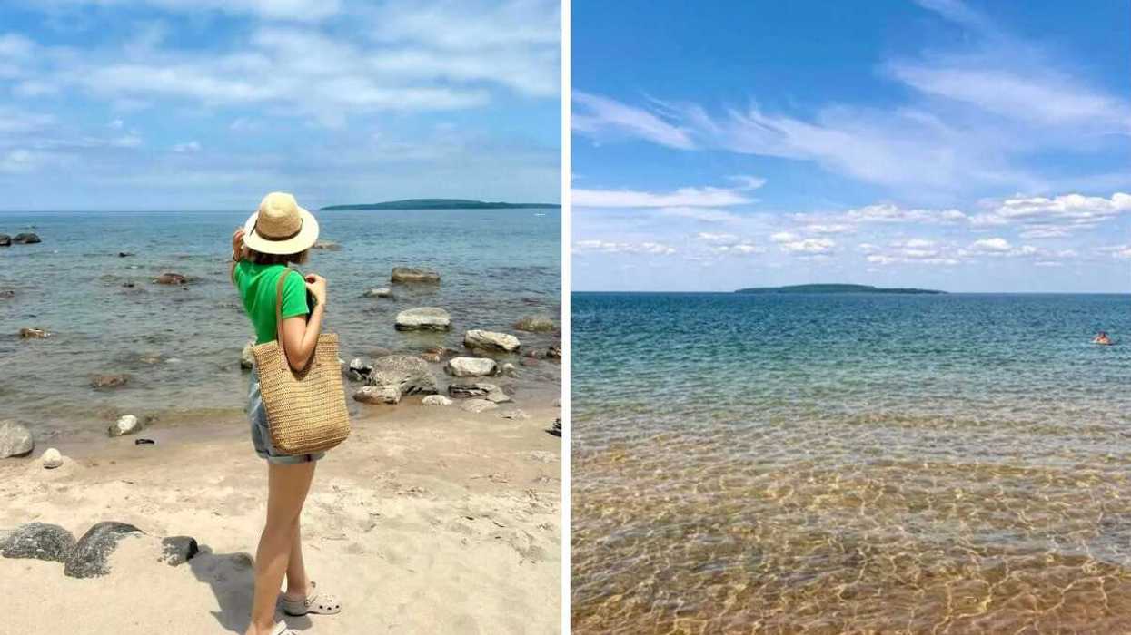A person standing on a beach. Right: Crystal-clear water.