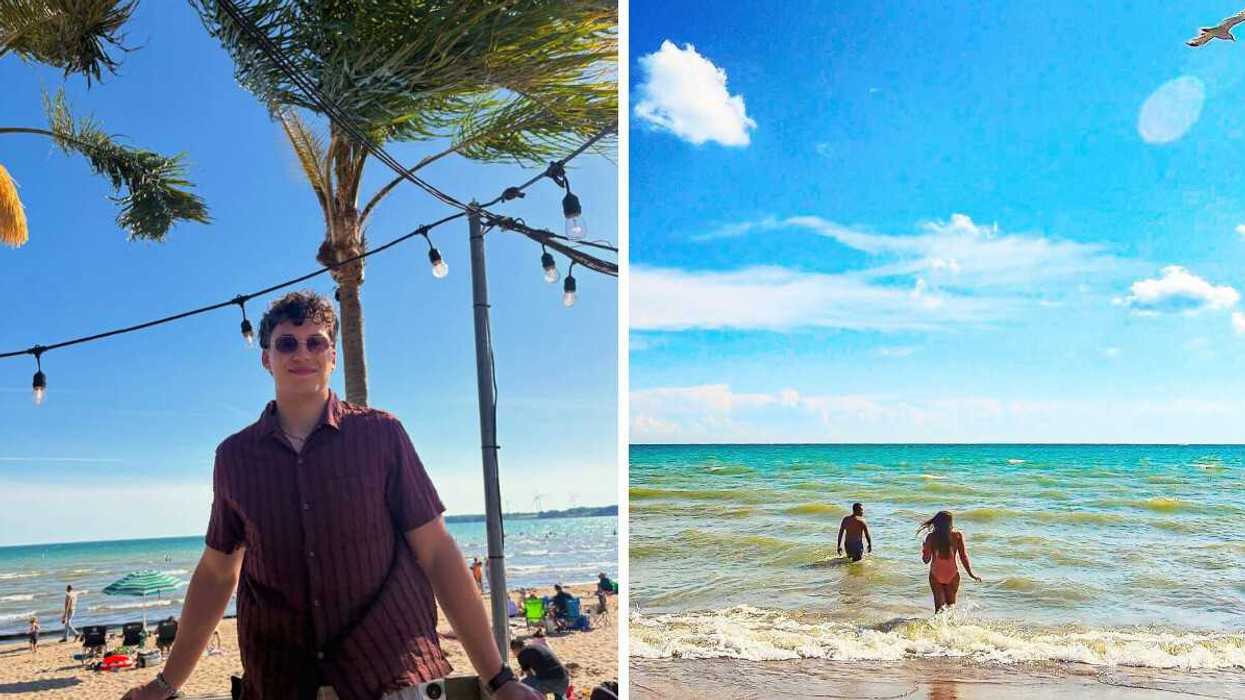 A person standing on a beach. Right: Two people swimming.