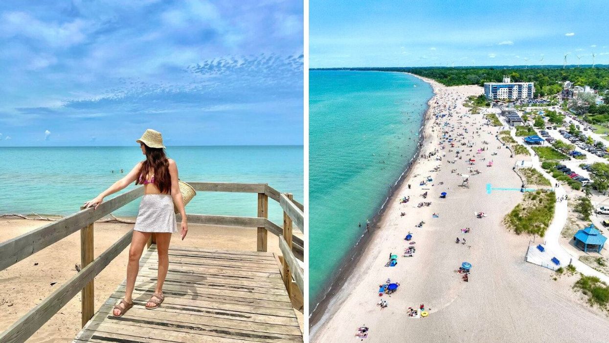 A person standing on a boardwalk by a beach. Right: An aerial photo of a beach town.