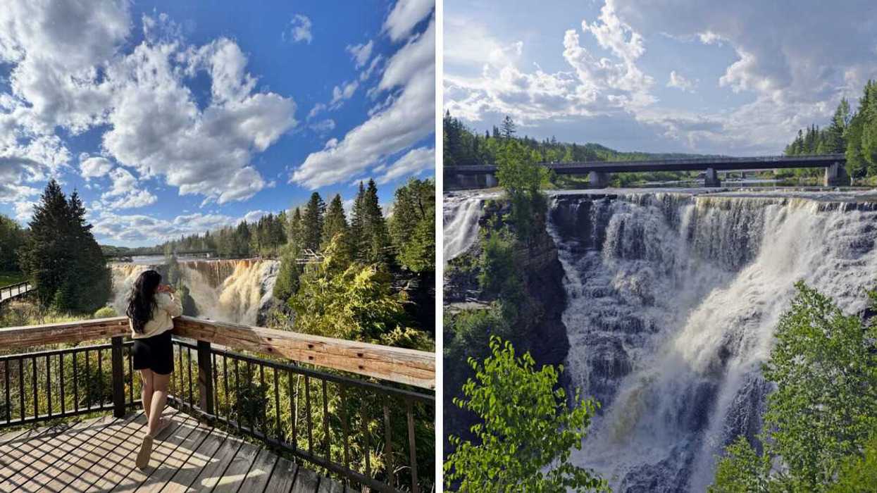 A person standing on a boardwalk overlooking a waterfall. Right: A waterfall.