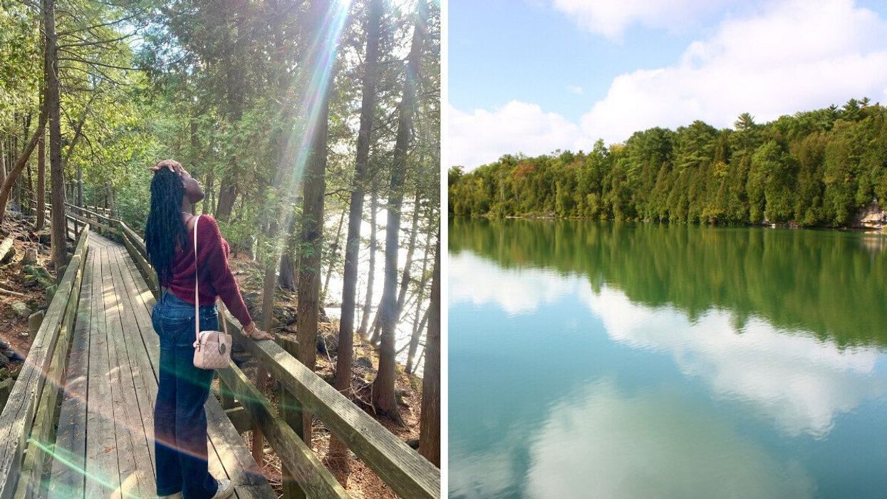 A person standing on a boardwalk. Right: A lake surrounded by trees.