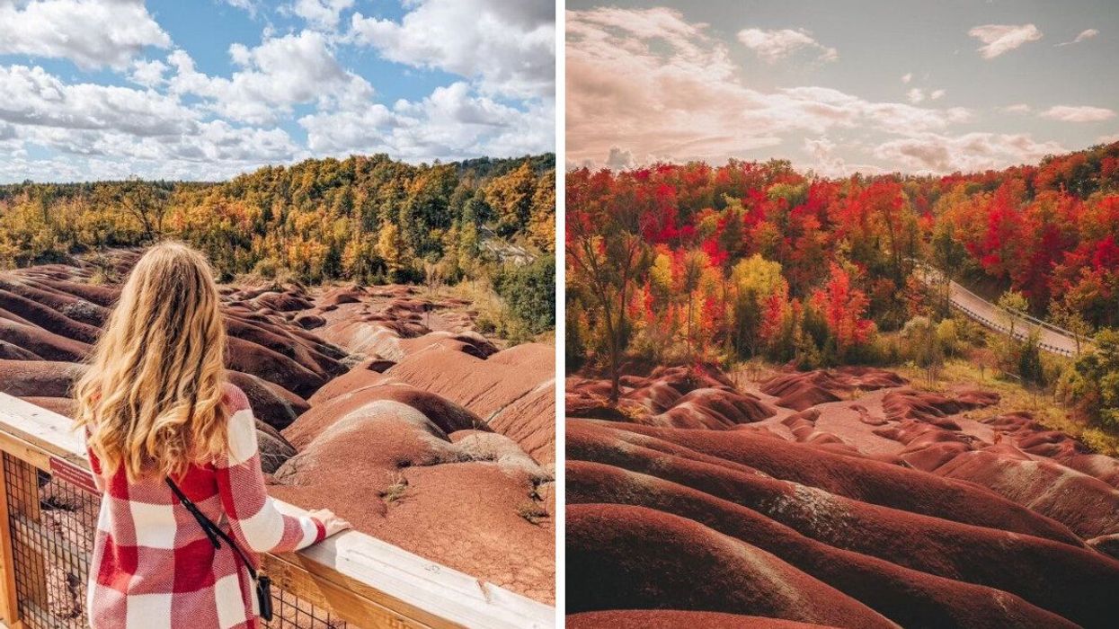 A person standing on a boardwalk. Right: A landscape with red hills.