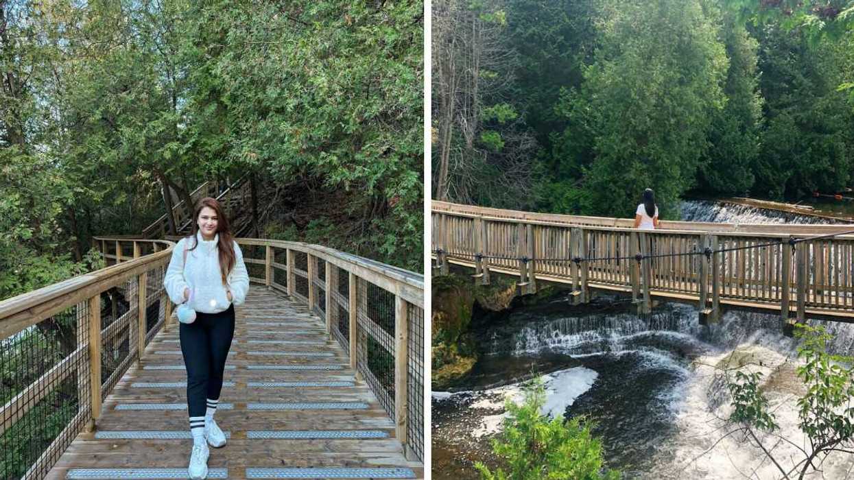 A person standing on a boardwalk. Right: A person walking over a waterfall.