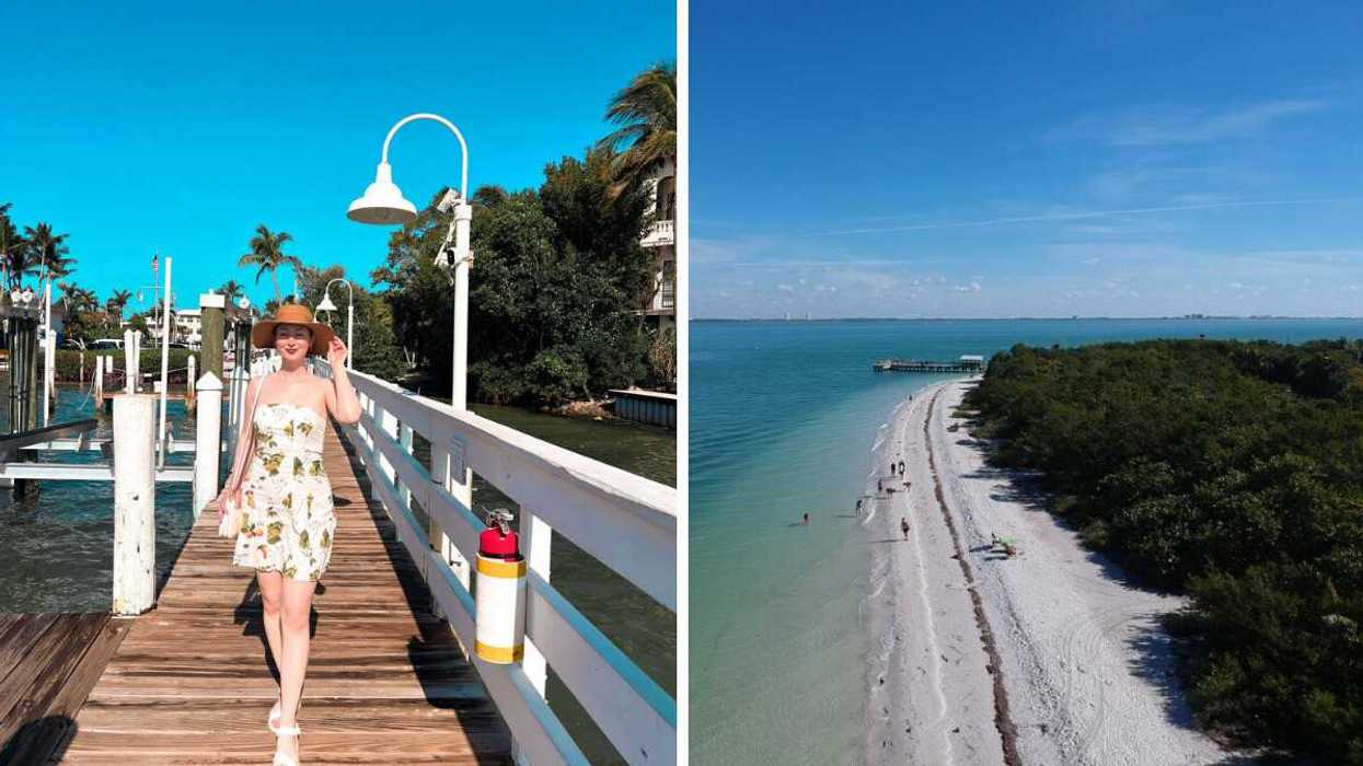 A person standing on a boardwalk. Right: A sandy beach.