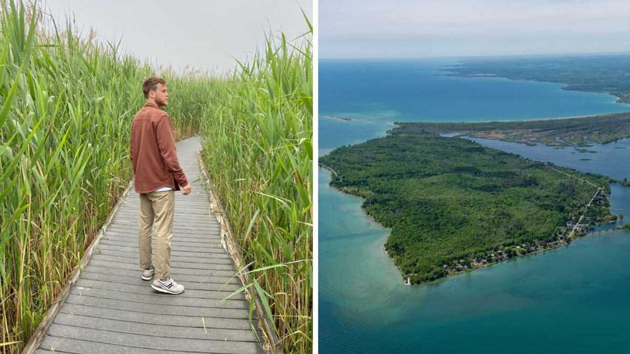 A person standing on a boardwalk. Right: An aerial view of land surrounded by water.