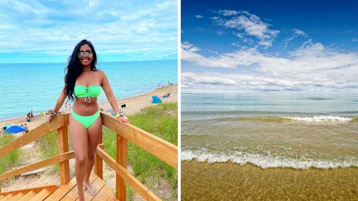 A person standing on a boardwalk trail. Right: A beach with clear waters.