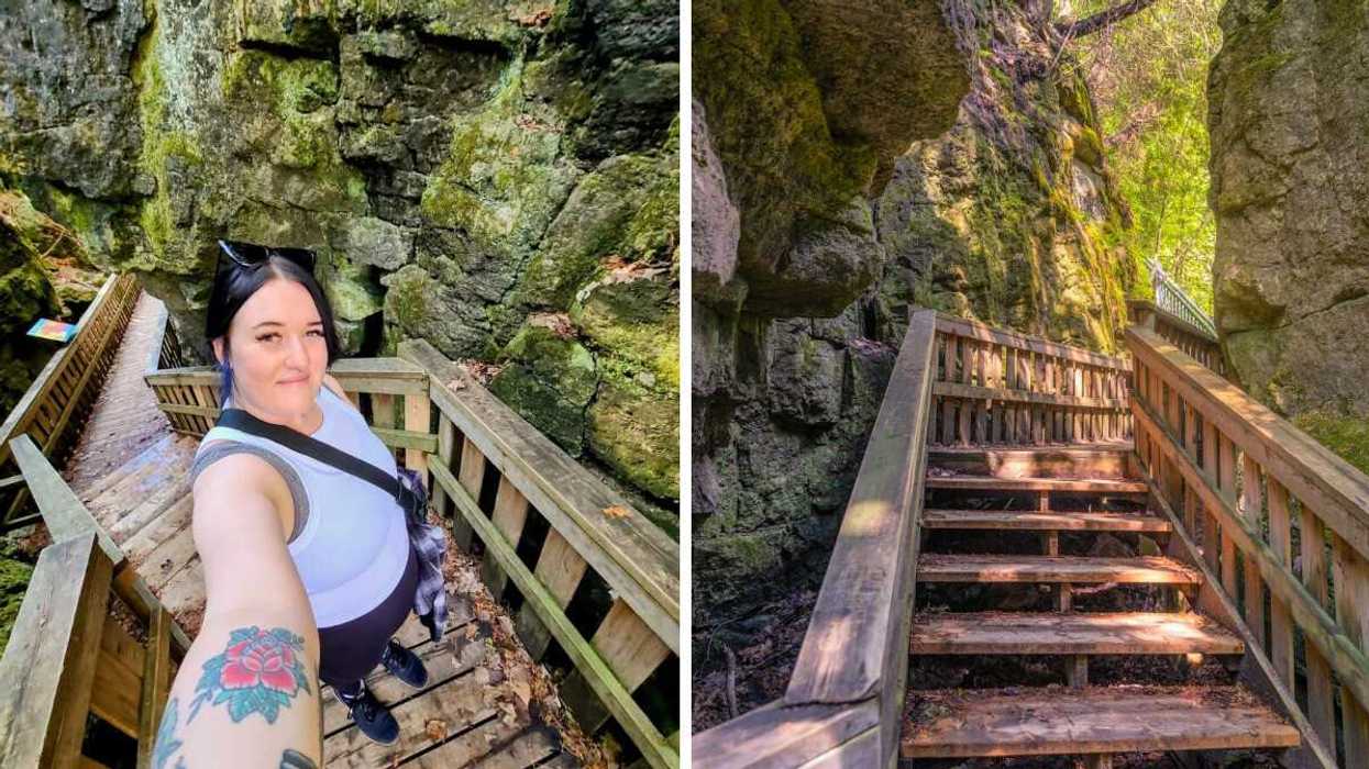 A person standing on a boardwalk trail. Right: A boardwalk trail.