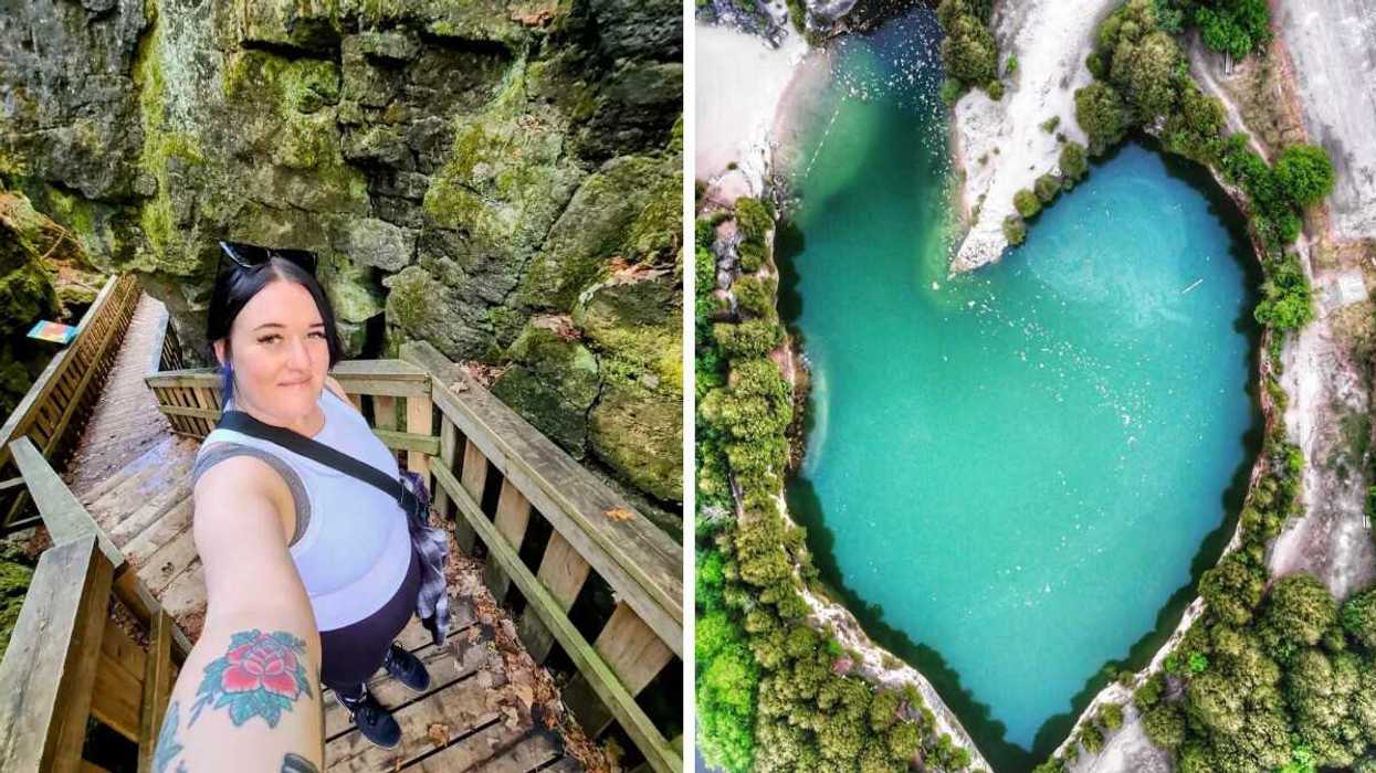 A person standing on a boardwalk trail. Right: A turquoise swimming hole.