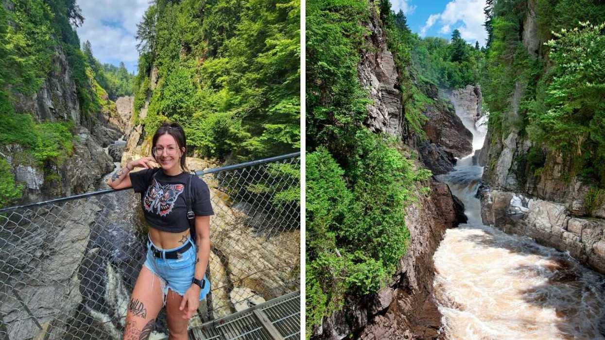A person standing on a bridge in a canyon. Right: A river in a canyon.