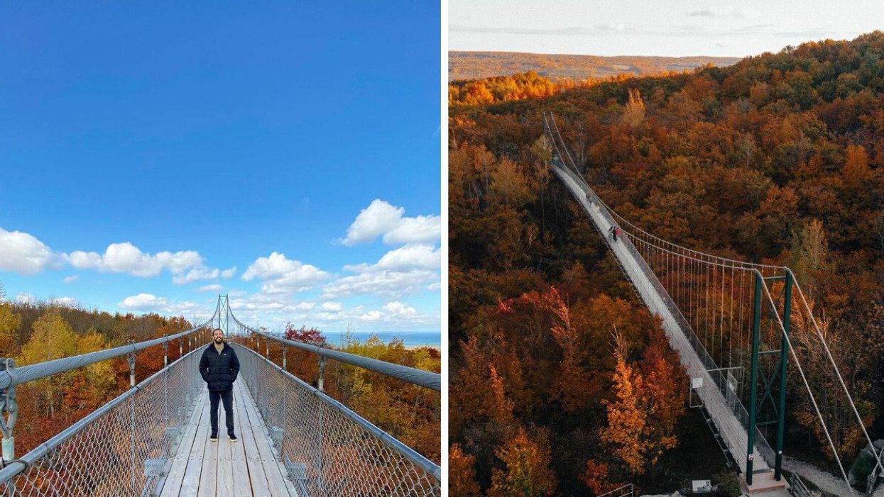A person standing on a bridge. Right: A bridge over a fall forest.