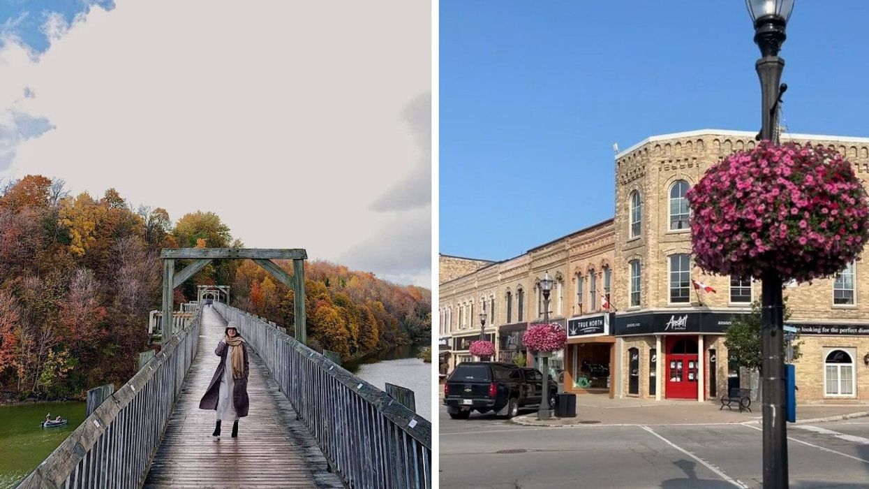 A person standing on a bridge. Right: A historic downtown.