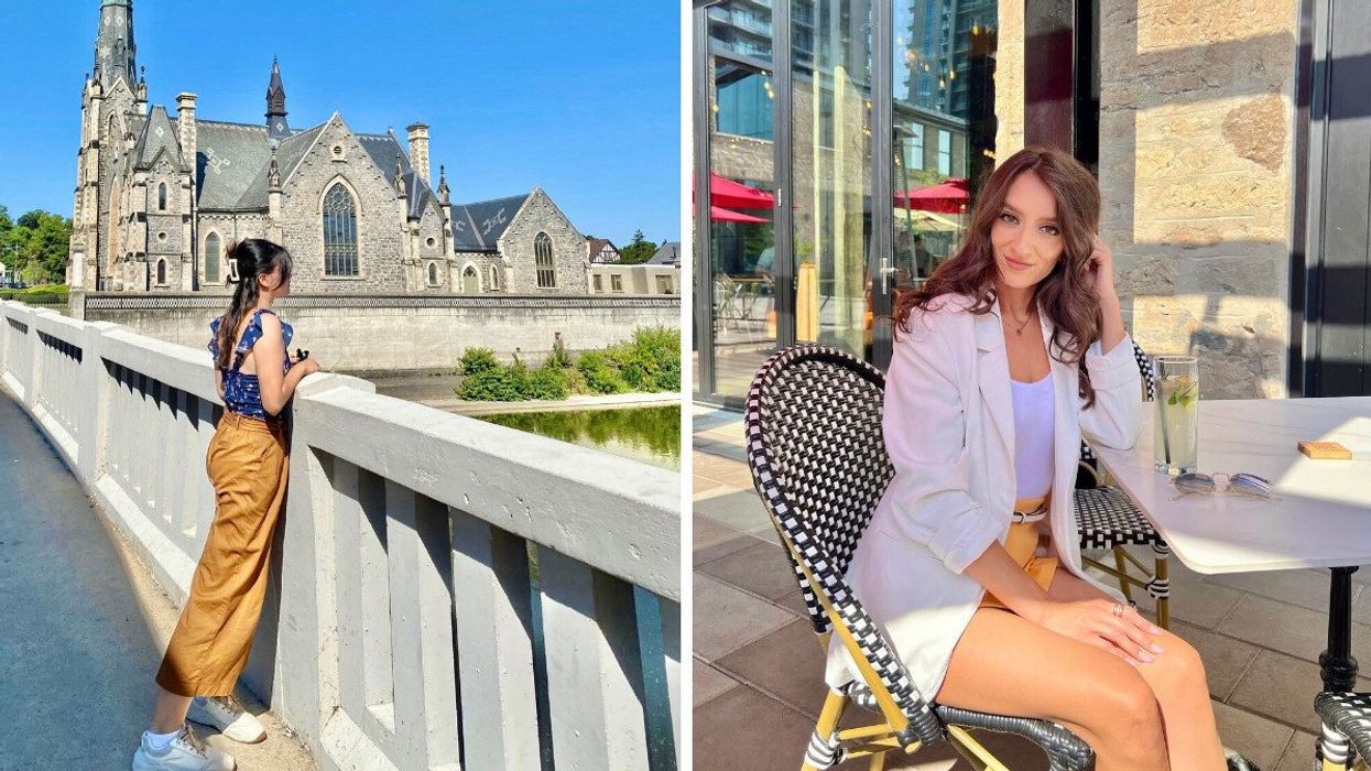 A person standing on a bridge. Right: A person sitting on a patio.