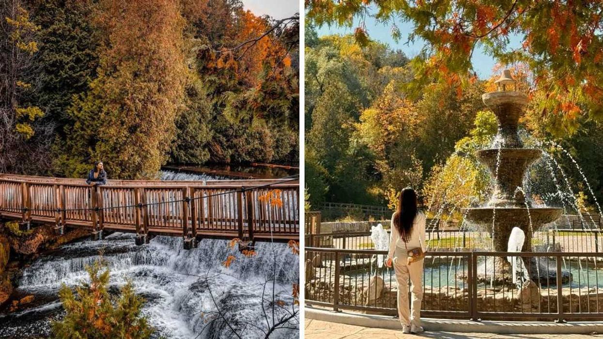 A person standing on a bridge. Right: A person standing by a fountain.