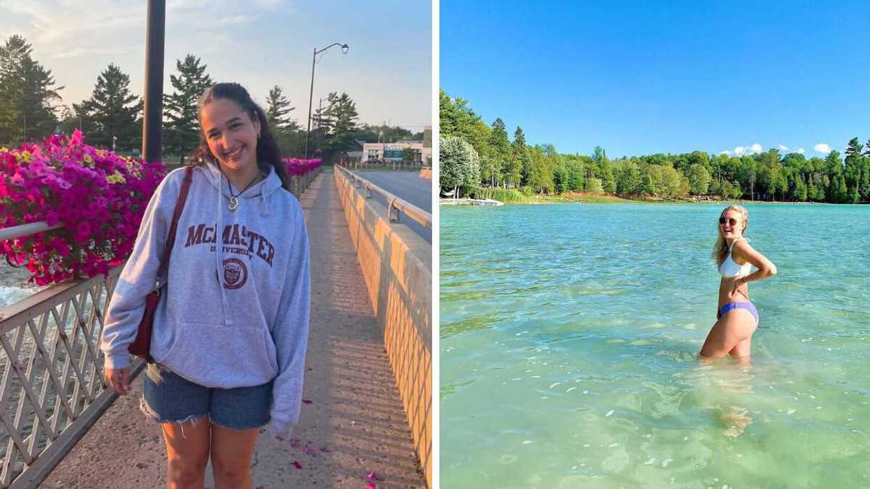 A person standing on a bridge. Right: A person swimming.