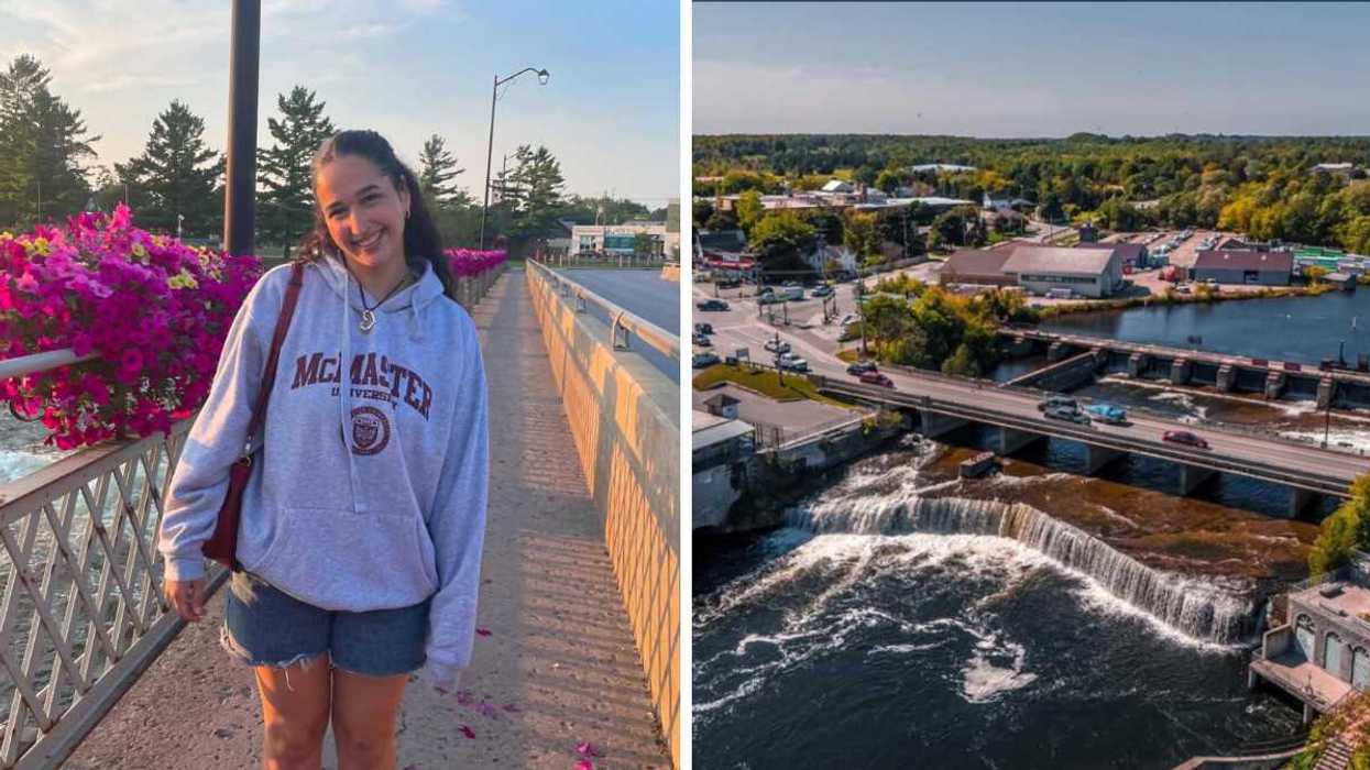 A person standing on a bridge. Right: A town with a waterfall.