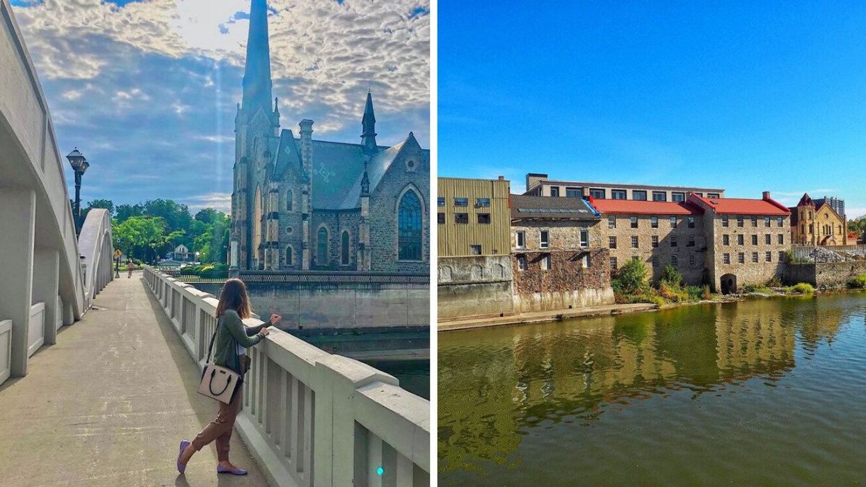 A person standing on a bridge. Right: Historic buildings along a river.